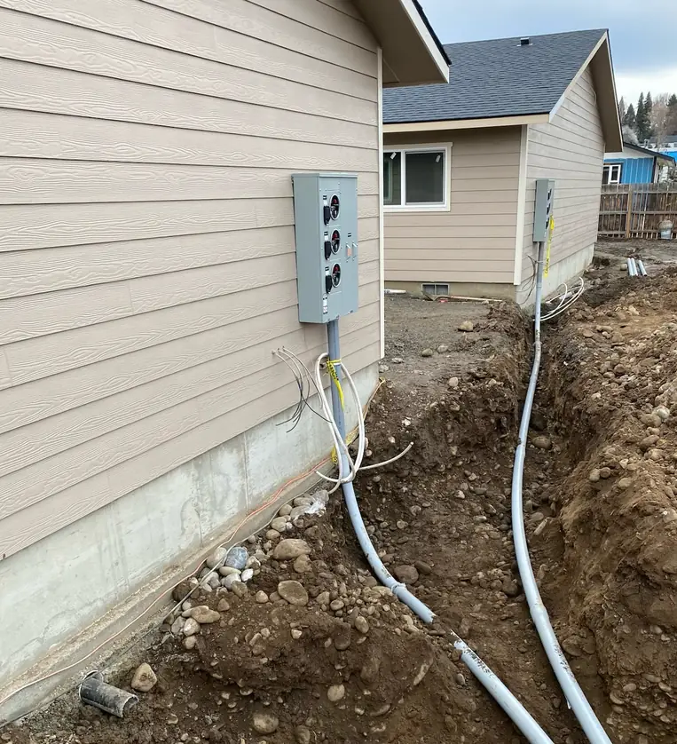 A meter base on new tan siding with conduit running down into an open trench and new homes beside it